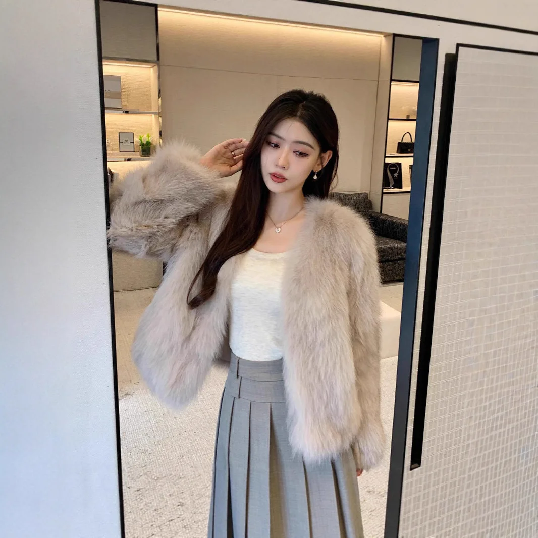 New Autumn Winter Eco Fox Fur Women's Fashion Short Plush Coat V-Neck Elegant