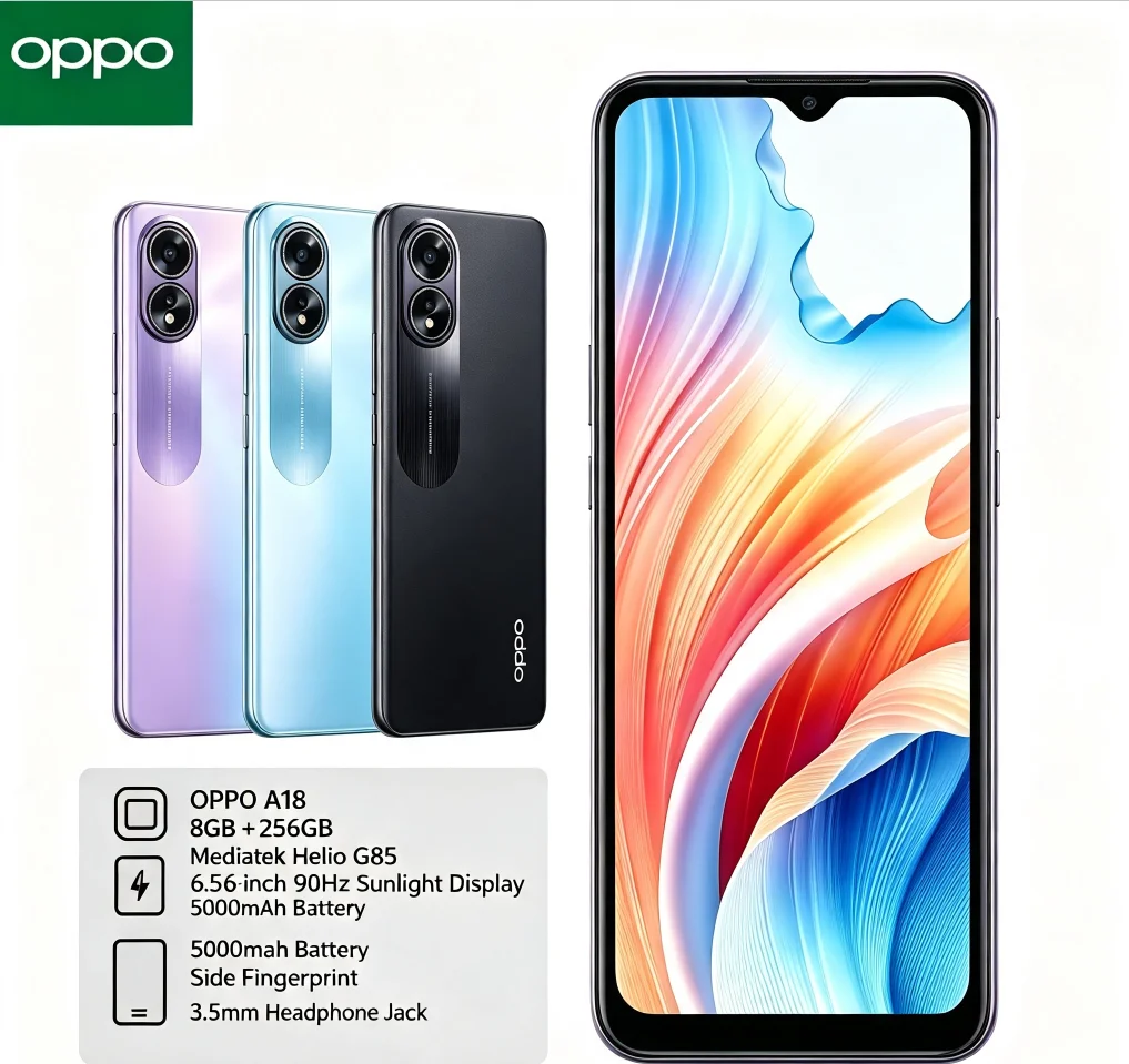 2026 Latest Release OPPO A18 Dual SIM Mobile Phone 8GB+256GB Storage MediaTek Helio P35 Processor 6.5-inch HD+ Display 5000mAh