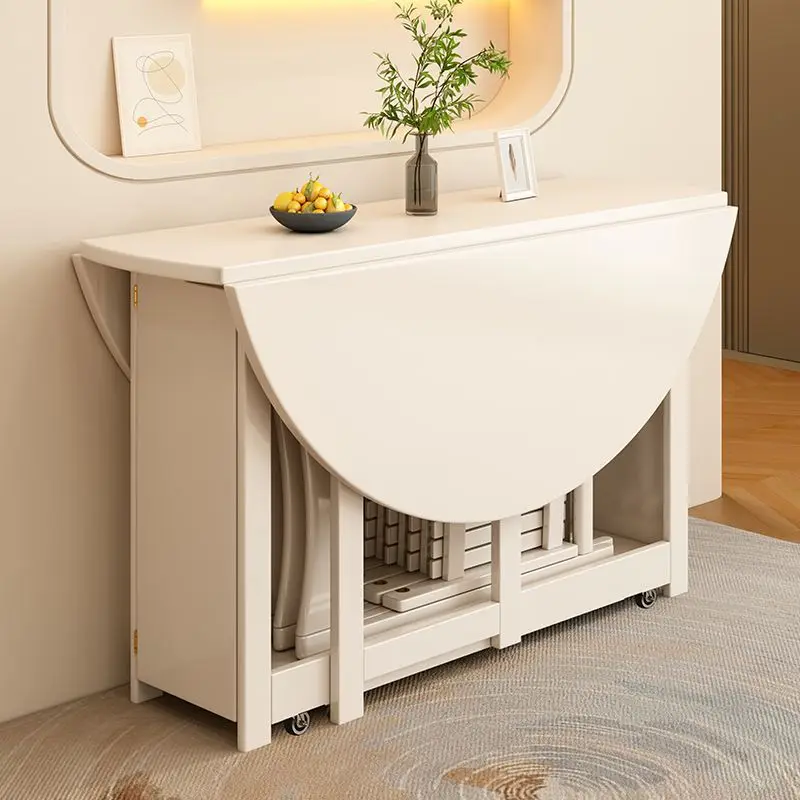 Cream wind folding dining table small apartment retractable round table against the wall all solid wood storage type household