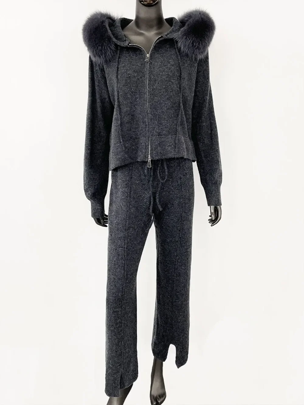 Knitwear 2024 Autumn and Winter Fashionable Sweater Suit Women Trousers Hooded Jacket with Detachable Fox Fur Collar Fur Coat