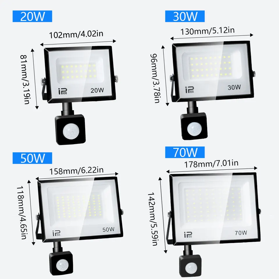 AC175-265V IP66 LED Floodlight PIR Motion Sensor 20W 30W 50W 70W 100W 150W 200W300W Waterproof For Garden Street Garage Lighting