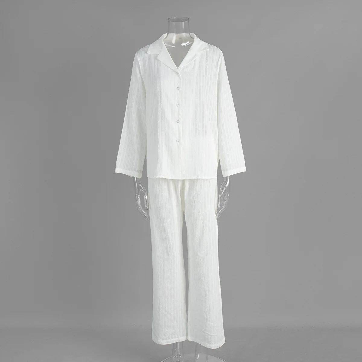 

2025 Autumn Casual Comfortable Cotton White Pajamas Set Home Clothes Long-sleeve Lapel Cardigan Shirt + Trousers 2-piece Suit