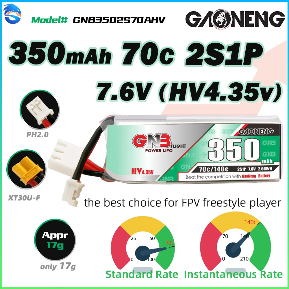 Gaoneng GNB 7.6V 350mAh 2S LiHV Lipo Battery 70C XT30/PH2.0 for FPV Racing Drone Mini RC Car Airplane Helicopter