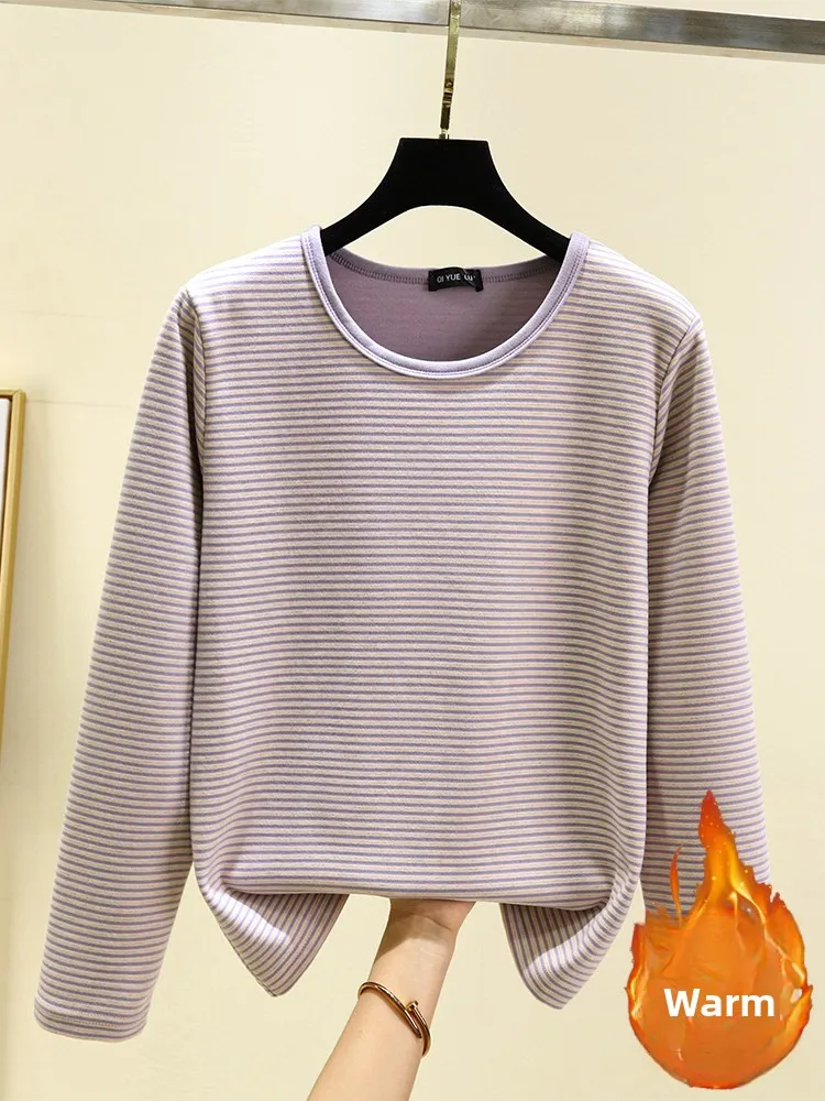 Women's Winter Thermal Stripe round Neck Top Loose Fit Comfortable plus Size Casual Long Sleeve Base Shirt July Deer Brand