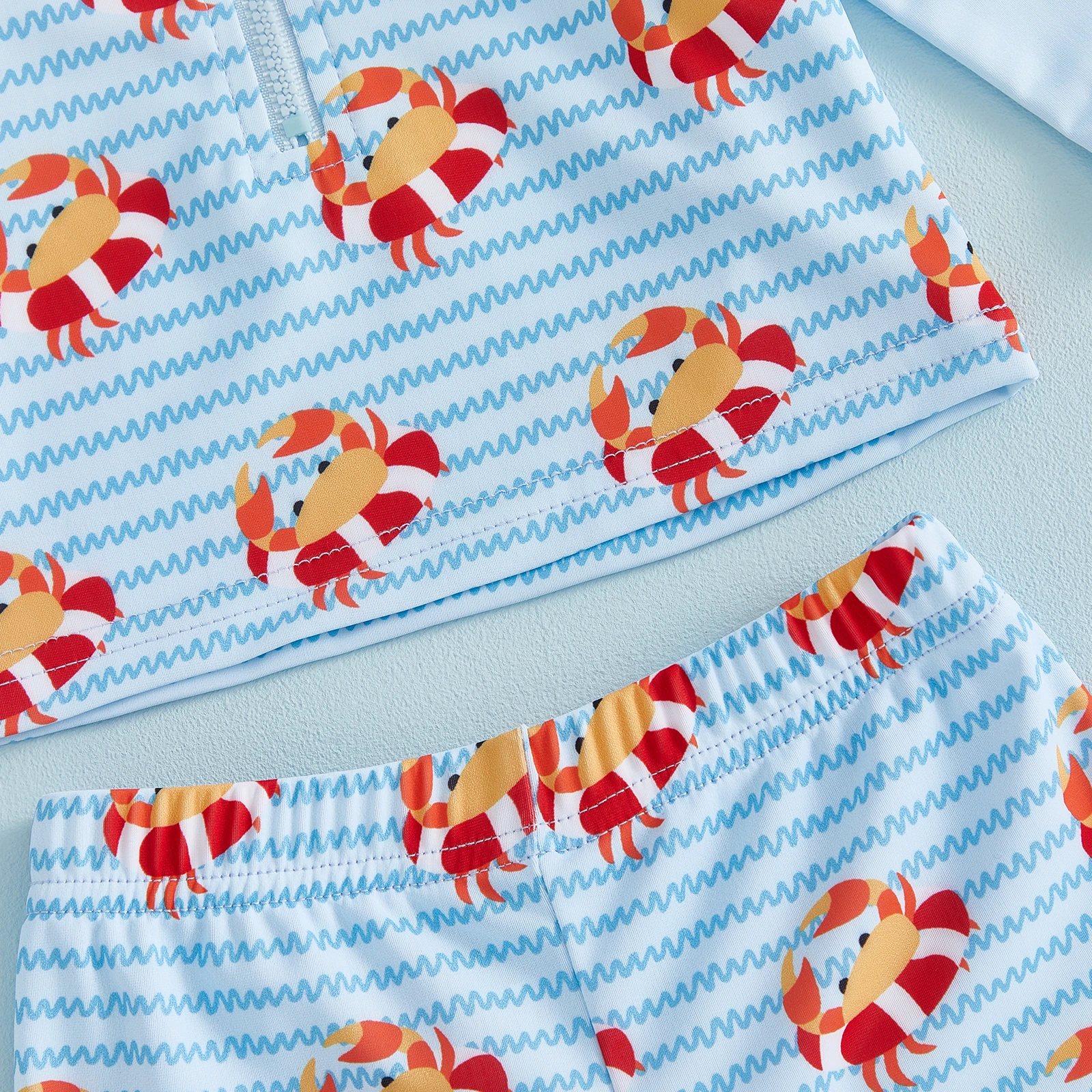 Toddler Kids Baby Boys Girls Rash Guard Quick Dry Swimsuits Crab Print Long Sleeve Tops Swim Trunks Sun Cap Bathing Suits