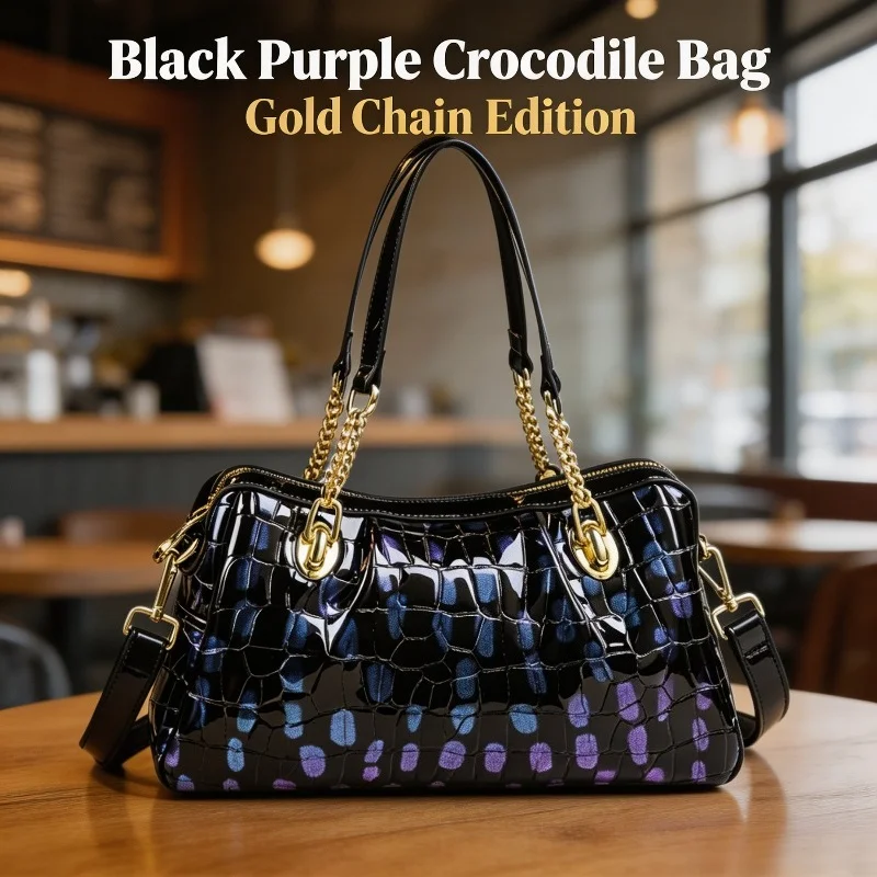 Women Crocodile Embossed Handbag Square Metal Buckle Decor Top Handle Zipper Closure Detachable Strap Shoulder Satchel Purse