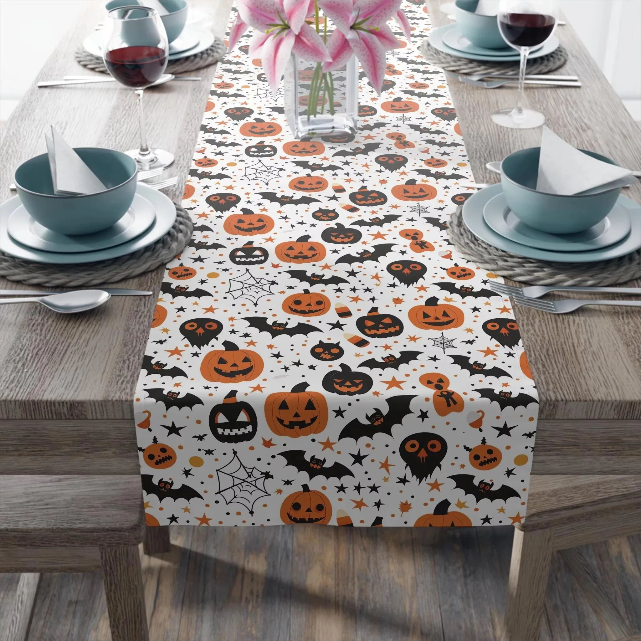 Halloween Grimace Pumpkin Table Runner, Fall Placemats for Kitchen Dining Party and Home Decor