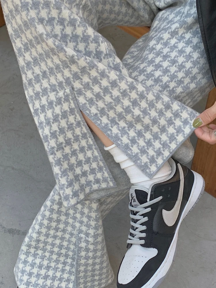 

New 2023 Knitting High Waist Wide Leg Checkered Split Spring Autumn Women Pants Vintage Ankle-Length Trousers