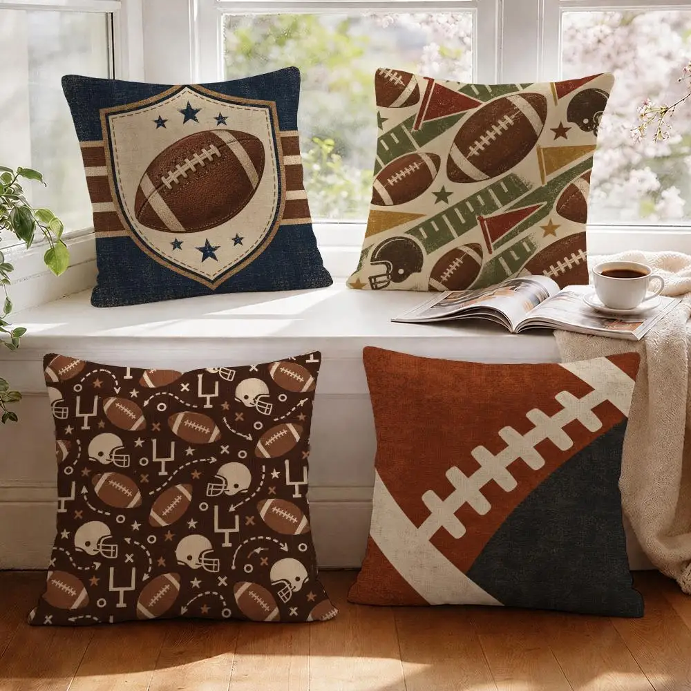 Retro Football Wall Art Cushion Cover 1/4Pcs Linen Throw Pillow Covers Double-Side Print Sofa Couch Living Room Decor