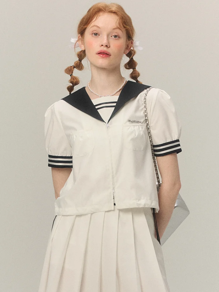 ADAgirl Kawaii Sailor Collar Blouse Women Summer Fashion Short Sleeve White Shirt Zipper Preppy Style Aesthetics Uniform Clothes