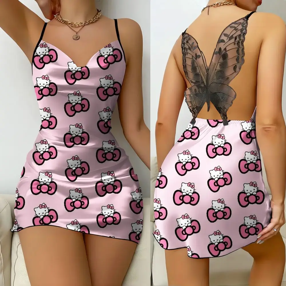 

Cool and lovely Hello Kitty dress with lettuce edge off the shoulder bow mini skirt for home decor 2024 fashion sleepwear