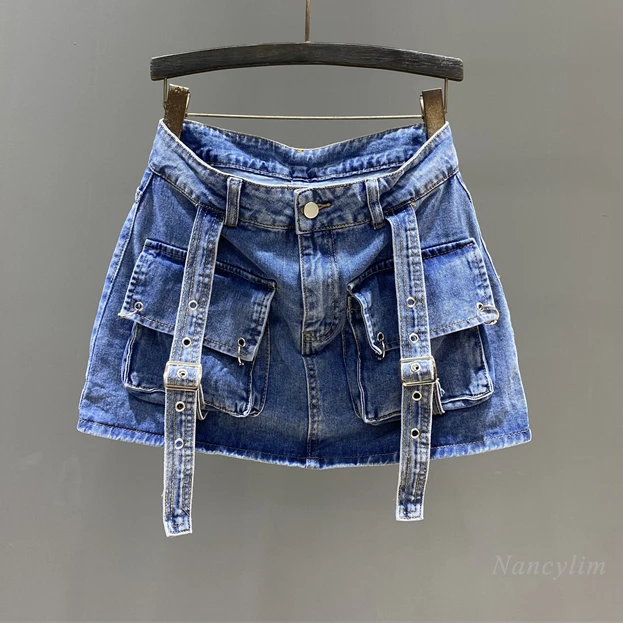 European Workwear Pocket Denim Skirt Women's Younger Fashion Pink A- Line 2024 Spring Summer Slim-Fit Hip Skirts Harajuku Women