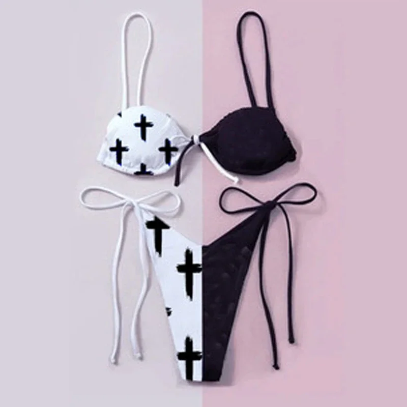 

Women Gothic Bikini Swimsuit Set Y2K Cute Micro Bra Thong Bikini Set Two Piece Goth Skull Swimwear E-Girl Beachwear Bikini