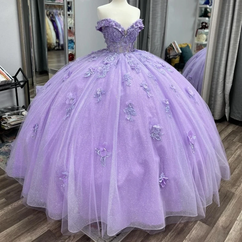 Lavender Quinceanera Dresses Applique Beaded 3D Flowers Off Shoulder Ball Gown Vestidos De 15 Años Sweet 16 Birthday Party Fiest