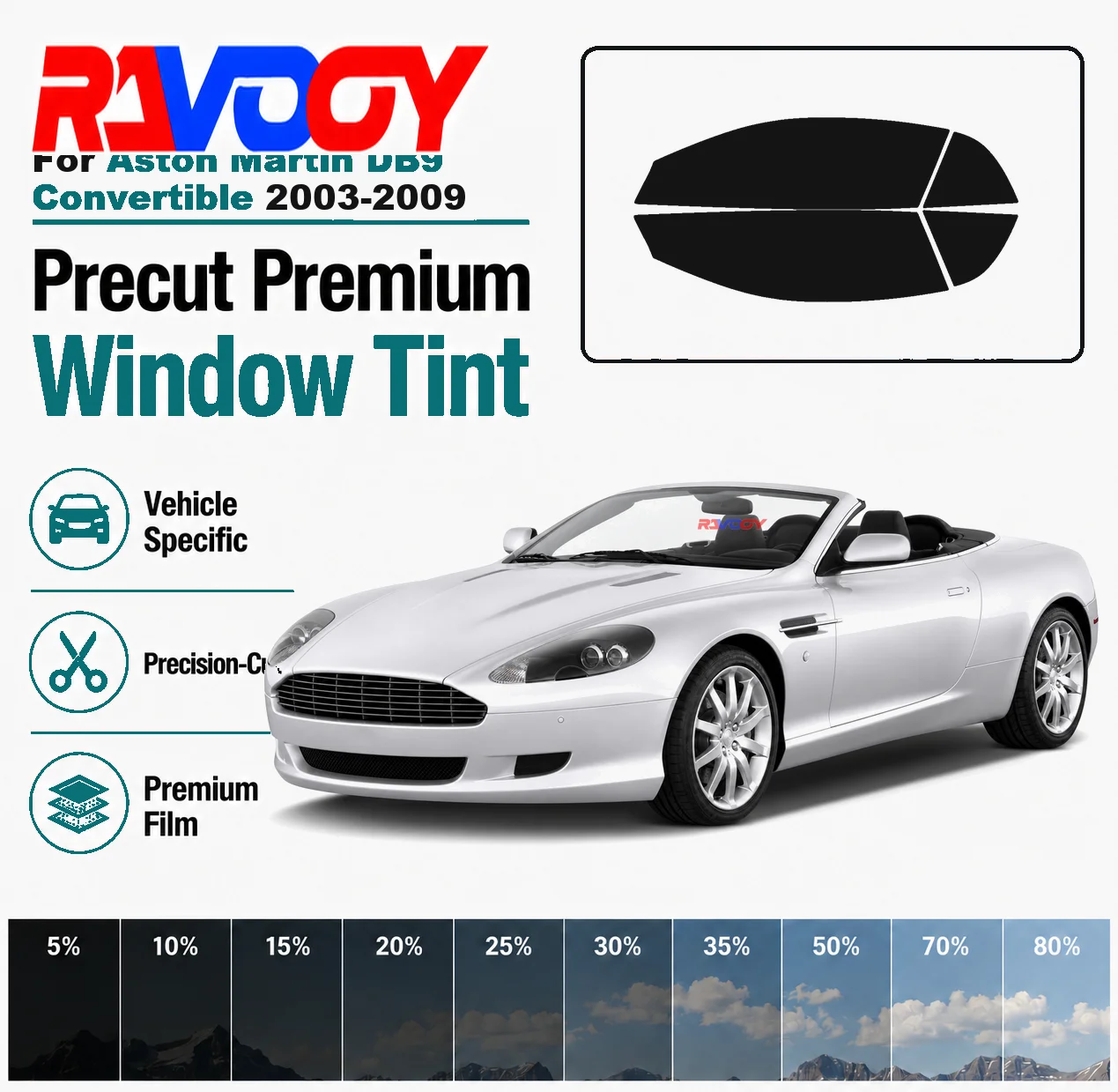 For Aston Martin DB9 Convertible 2003-2009 RAVOOY Precut Window Tint Film Vehicle-Specific Full Kit Front & Rear Windows