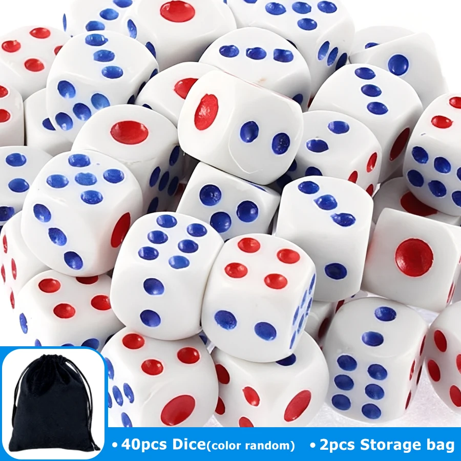 40pcs 10mm Red&Blue Point Dice & 2pcs Black Drawstring Storage Bags Game Dice, Tabletop Game Accessories & Party Supplies