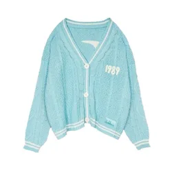 HOUZHOU New Blue 1989 Tay Cardigan Women Bird Embroidery Button Knit TS Cardigan Loose Casual Vintage Sweater Coat Autumn Winter