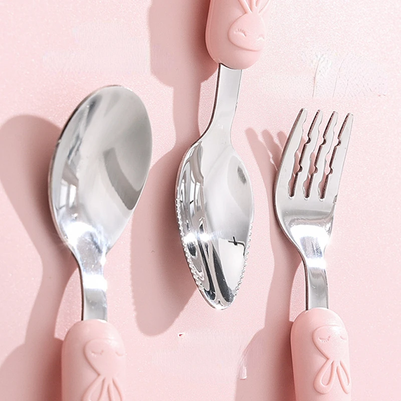 Rabbit Kids Fork Stainless Steel Children\'s Small Spoon Cartoon Pattern Baby Feeding Spoon and Fork Portable Box Tableware Set