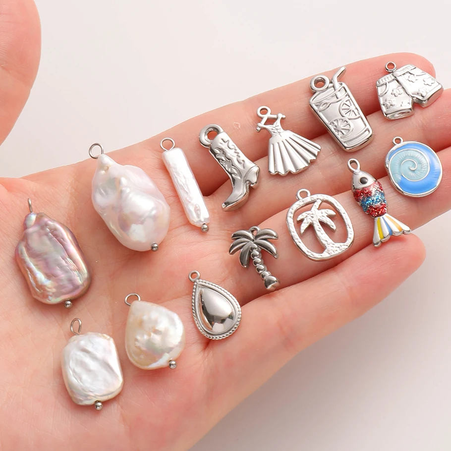 6pcs Steel Color Marine Animals Fish Conch Pendant Beach Accessories Stainless Steel Charms For Jewelry Making Keychain Material