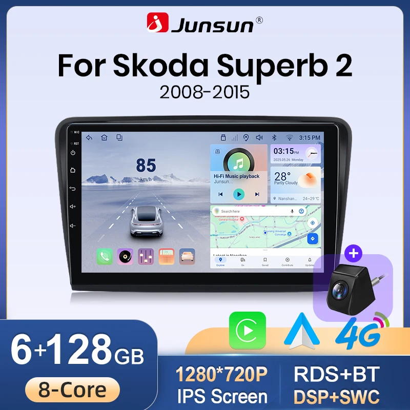 Junsun 10" Radio Samochodowe z Androidem 15 do Skoda Superb 2 2008-2015, Bezprzewodowe Apple CarPlay, Ekran Stereo, Odtwarzacz Multimedialny, Inteligentny System Samochodowy, 2 Din Autoradio,