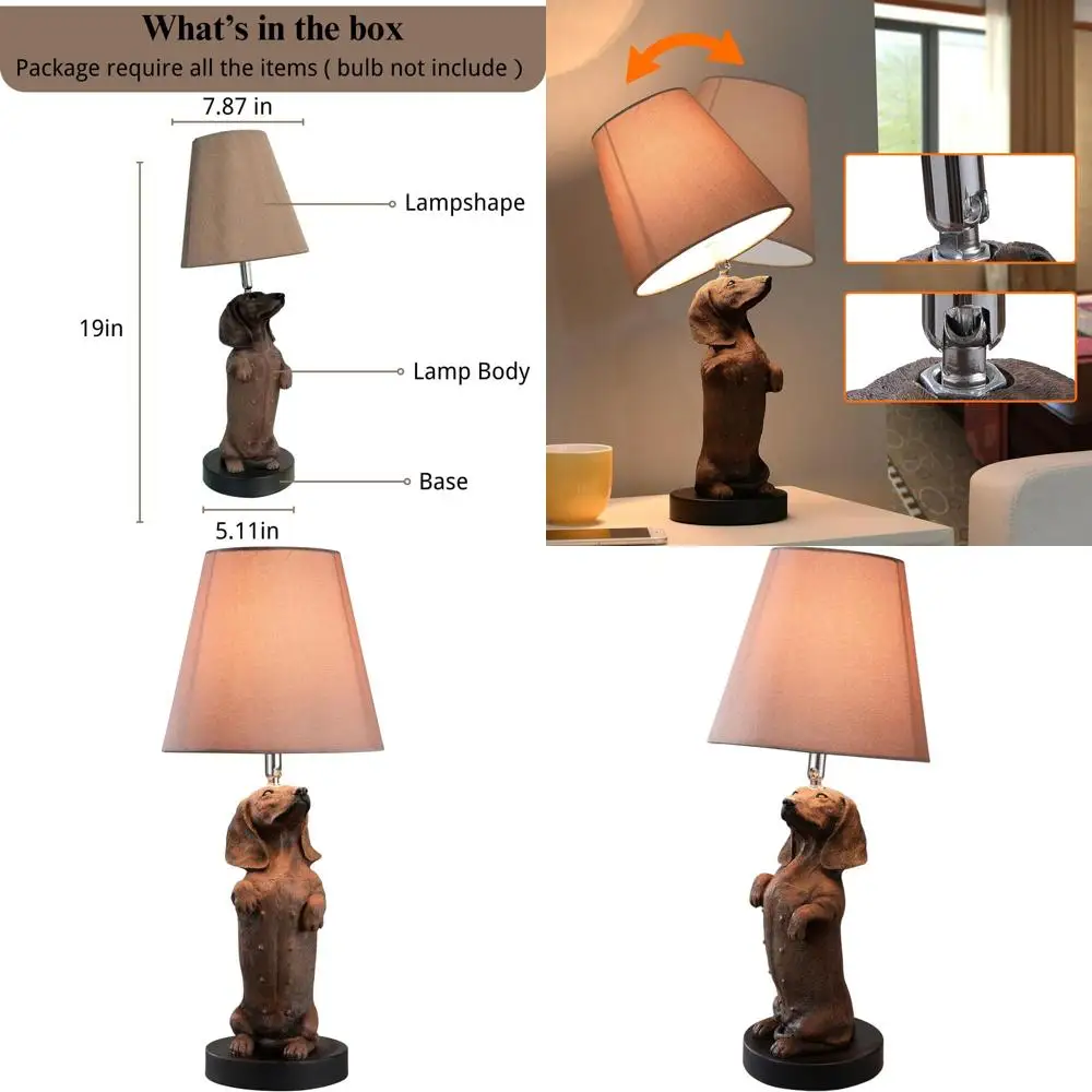 

Классическая прикроватная лампа с коричневым тканевым абажуром и регулируемым выключателем в виде собачки