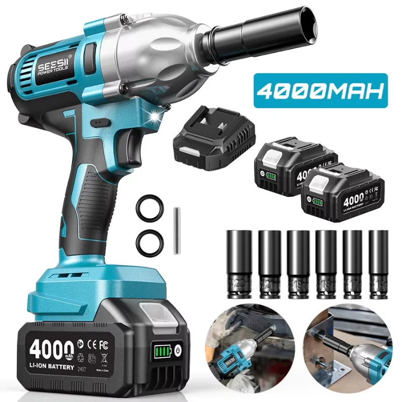 SEESII WH710 Pro 900Nm Akku-Schlagschrauber 1/2" Bürstenloser Elektrischer Schlagschrauber mit 4,0Ah Akku und LED-Licht für Auto und LKW