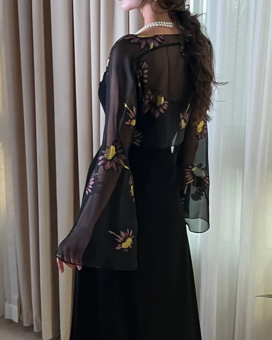 Saudi Arabia Evening Dresses Black Prom Dresses Printed Chiffon Long Sleeves Jackets Wedding Guest Dress for Women Special Party