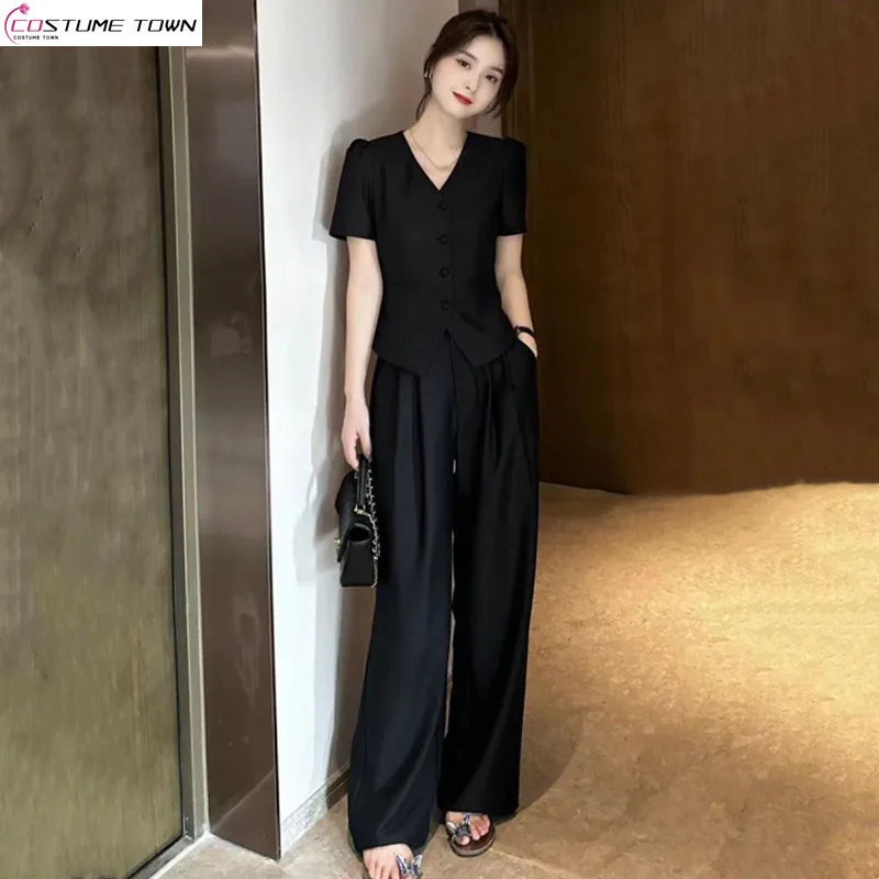 

Summer slim fit temperament short sleeved top+loose wide leg suit pants fashionable two-piece set