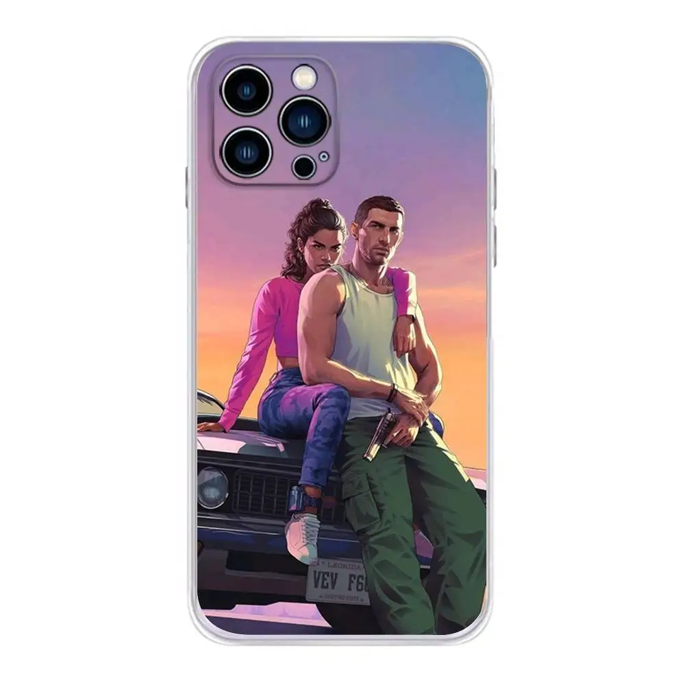 حافظة هاتف GTA 6 Game Grand Theft Auto لهاتف iPhone 16,15,14,13,12,11 Plus، Pro، Max، XR، XS، Plus، E، غطاء ناعم شفاف صغير