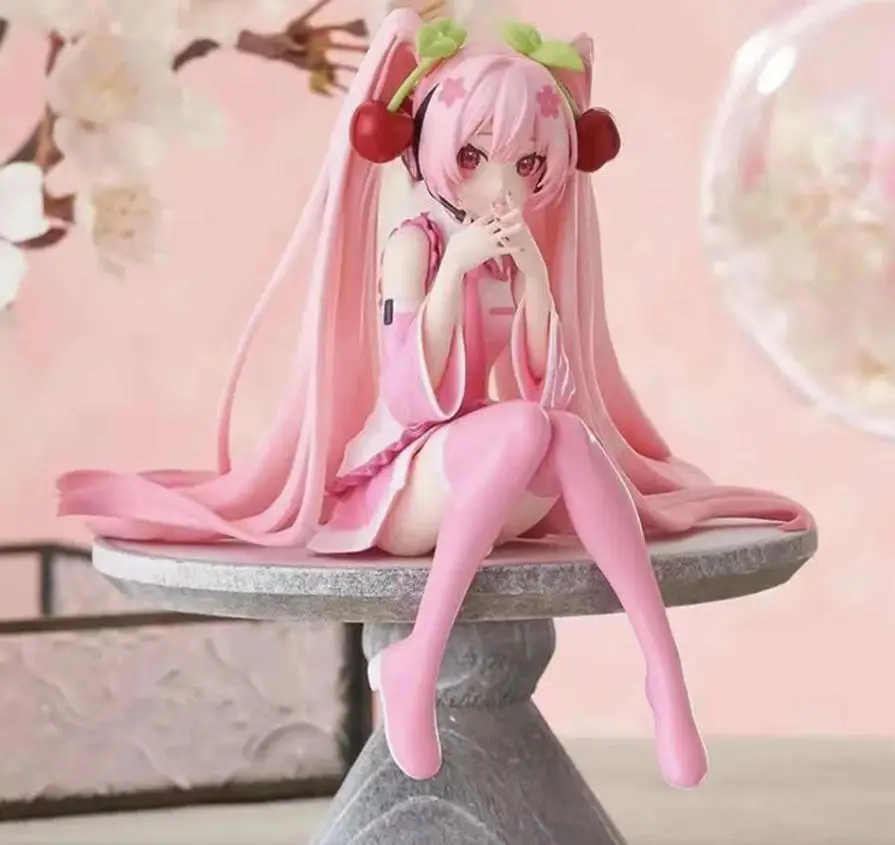Hatsune Miku Animation Hand made Pink Dress Sitting PVC Model Action Doll Cherry Blossom Pink Cherry Blossom Decorative Gift