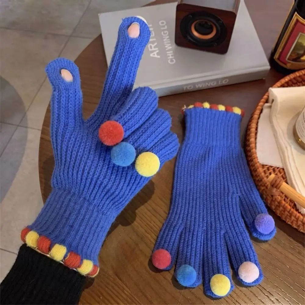 Warm Candy Pom Pom Knit Gloves Cycling Hand Warmers Winter Cold Proof Knitted Gloves Knitted Thermal