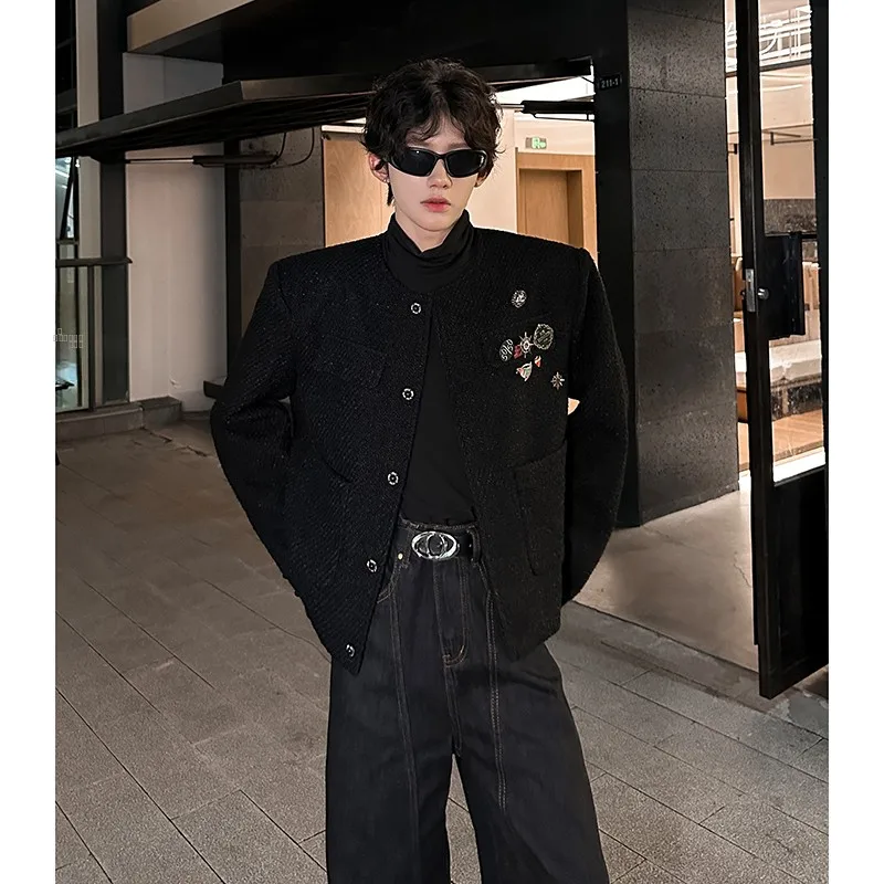 

Autumn Winter Men's Faion Urban ort oulder Pad Jaet Bla Woolen Coat Stand Collar Long Sve Children's Outerwear