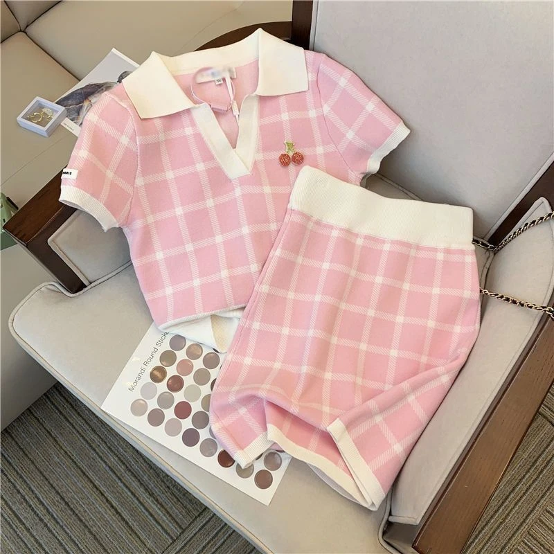 

Jaapnese Knit Two-piece Set Women Pink Plaid Polo Shirt and Mini Skirt Suit Female Sweet Elegant Slim Fit Summer Outfit 2025 New