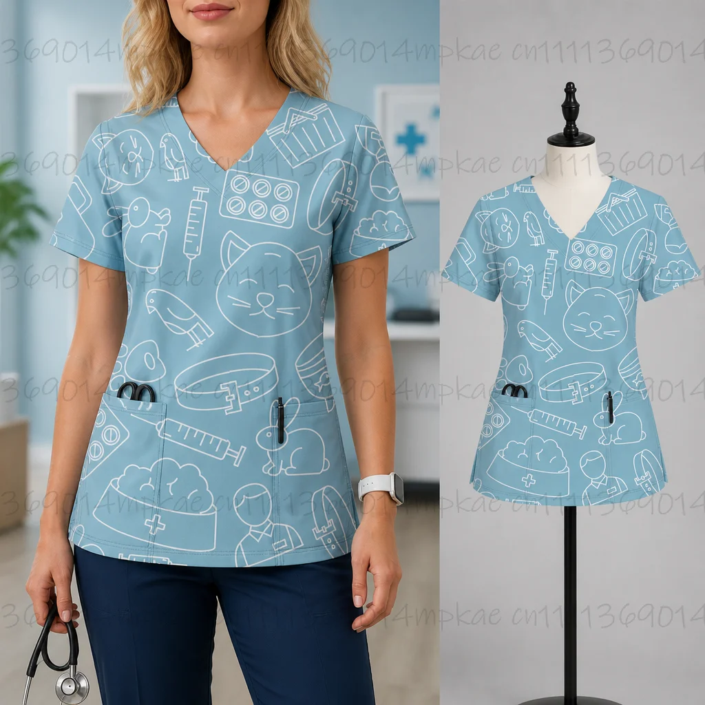 Summer Cartoon Animal Print Nurse Uniform Short-Sleeve Shirt Commute Work V-Neck Short-Sleeve Top Women's Pocket T-Shirt