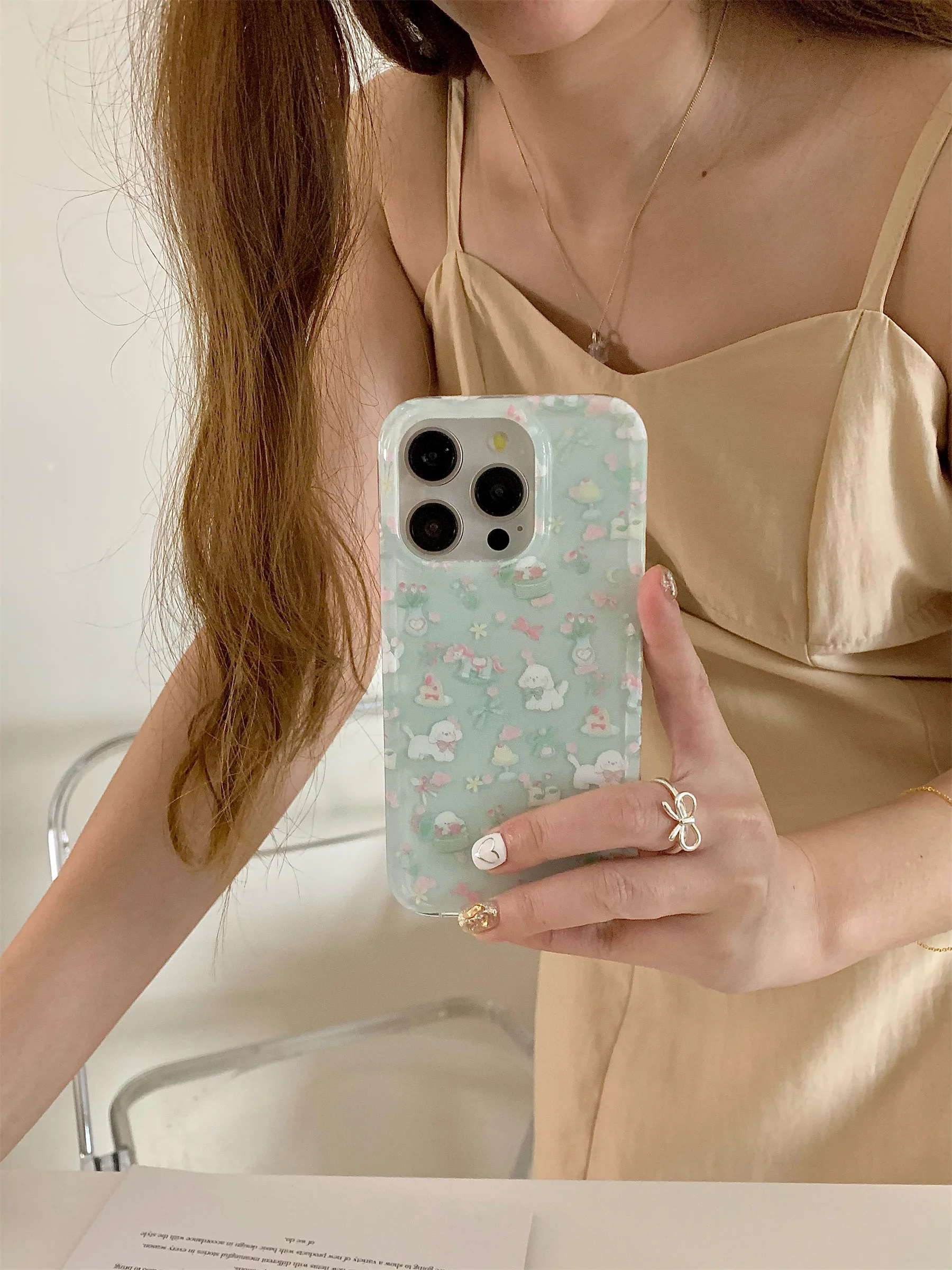 Korean Fresh Double Sided Ins Mint Green Cute Bow Dog Case for iPhone 11 12 13 14 15 Pro Max Shockproof Back Cover For Girl Gift