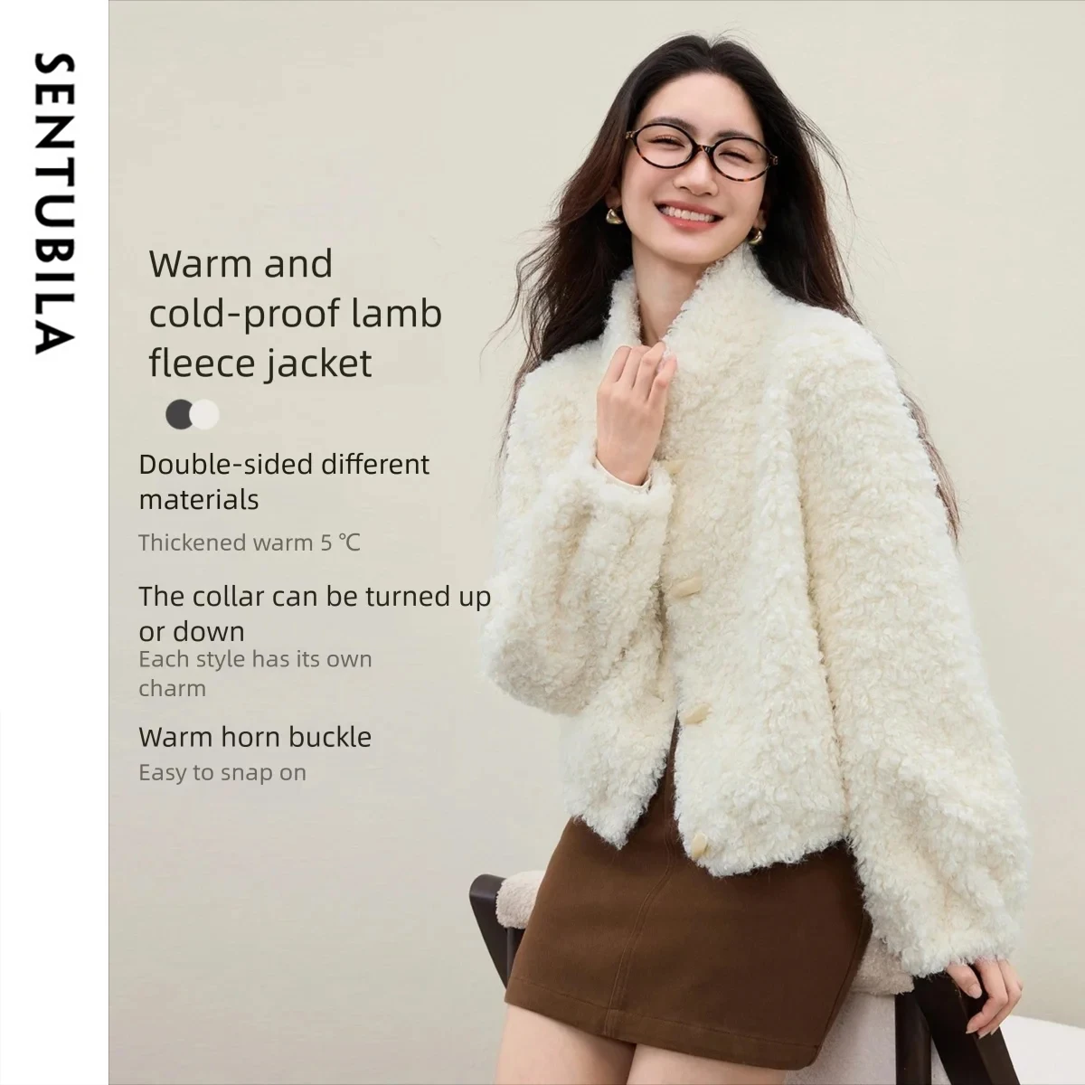 

SENTUBILA Women's Fur Coat 2025 Lamb Fleece Horn Button Lapel Collar Short Faux Fur Coat Loose Winter Ladies Clothing W54PD5729