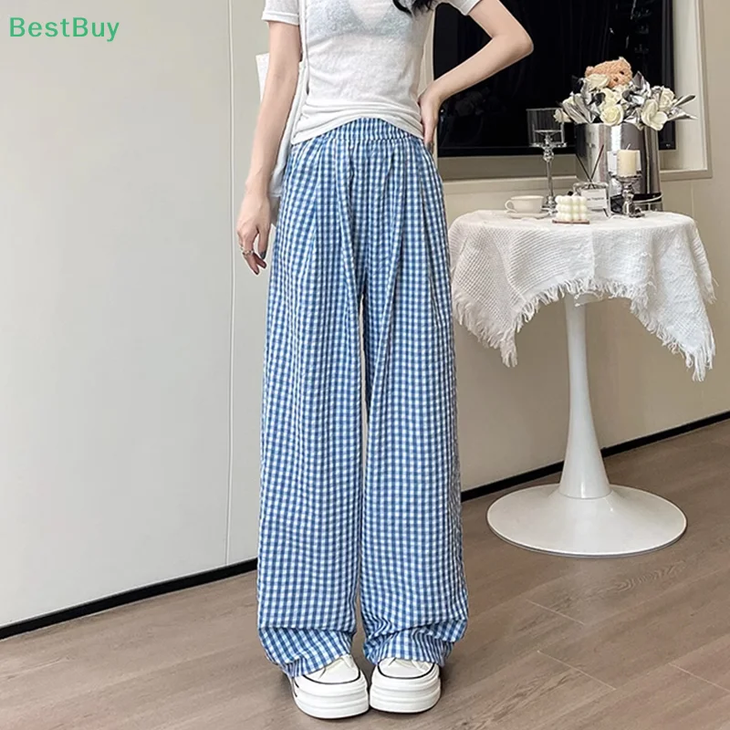 

Summer Fashion Loose New High Waist Walking Pants Plaid Home Pajamas Women