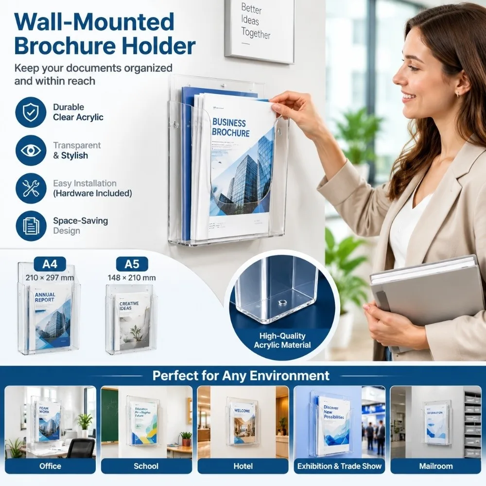 Wall-Mounted Clear Literature Holder Single Layer A4 A5 File Organizer Storage Display Rack Acrylic Brochure Holder Trade Show