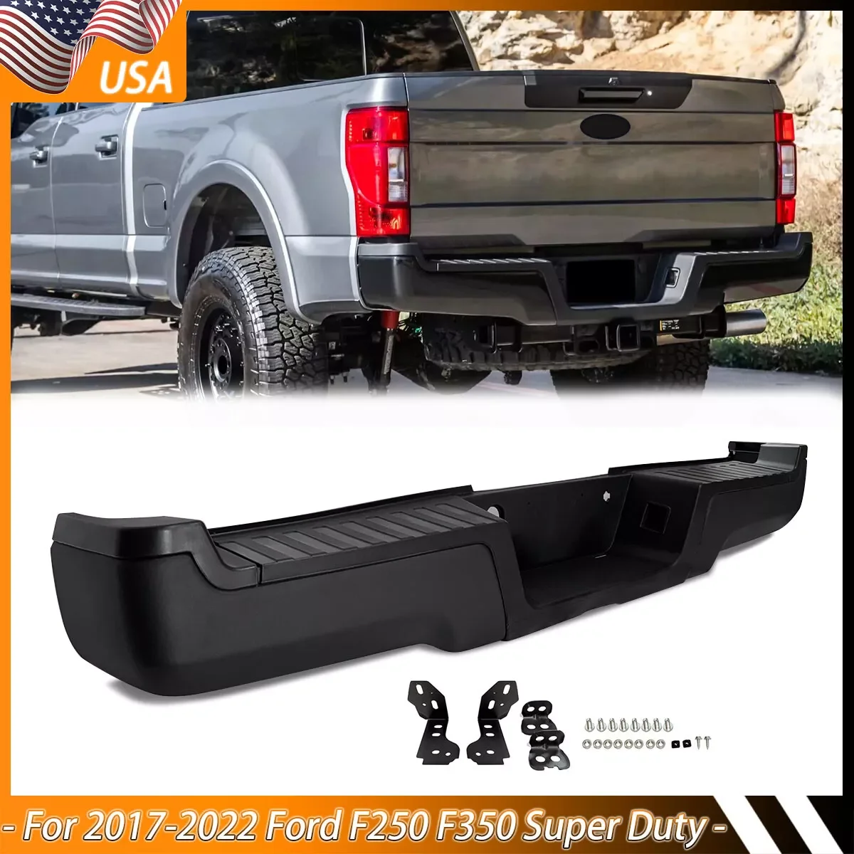 Magickit Black Rear Step Bumper Assembly Fit For Ford F-250 F-350 F-450 F-550 Super Duty 2017-2022 Without Parking Sensor Holes