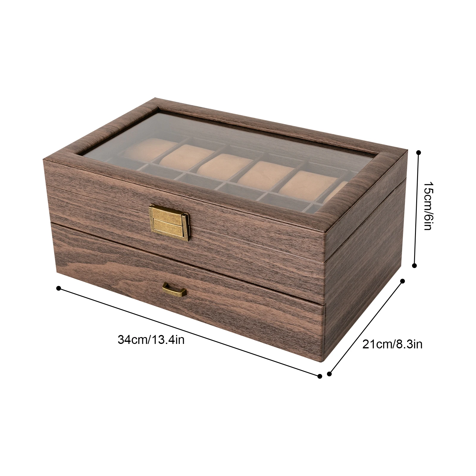 24 Compartments Double Wood Grain Watch and Glasses Storage Case, Decoration Display Box with Glass Lid for Glasses, Watches
