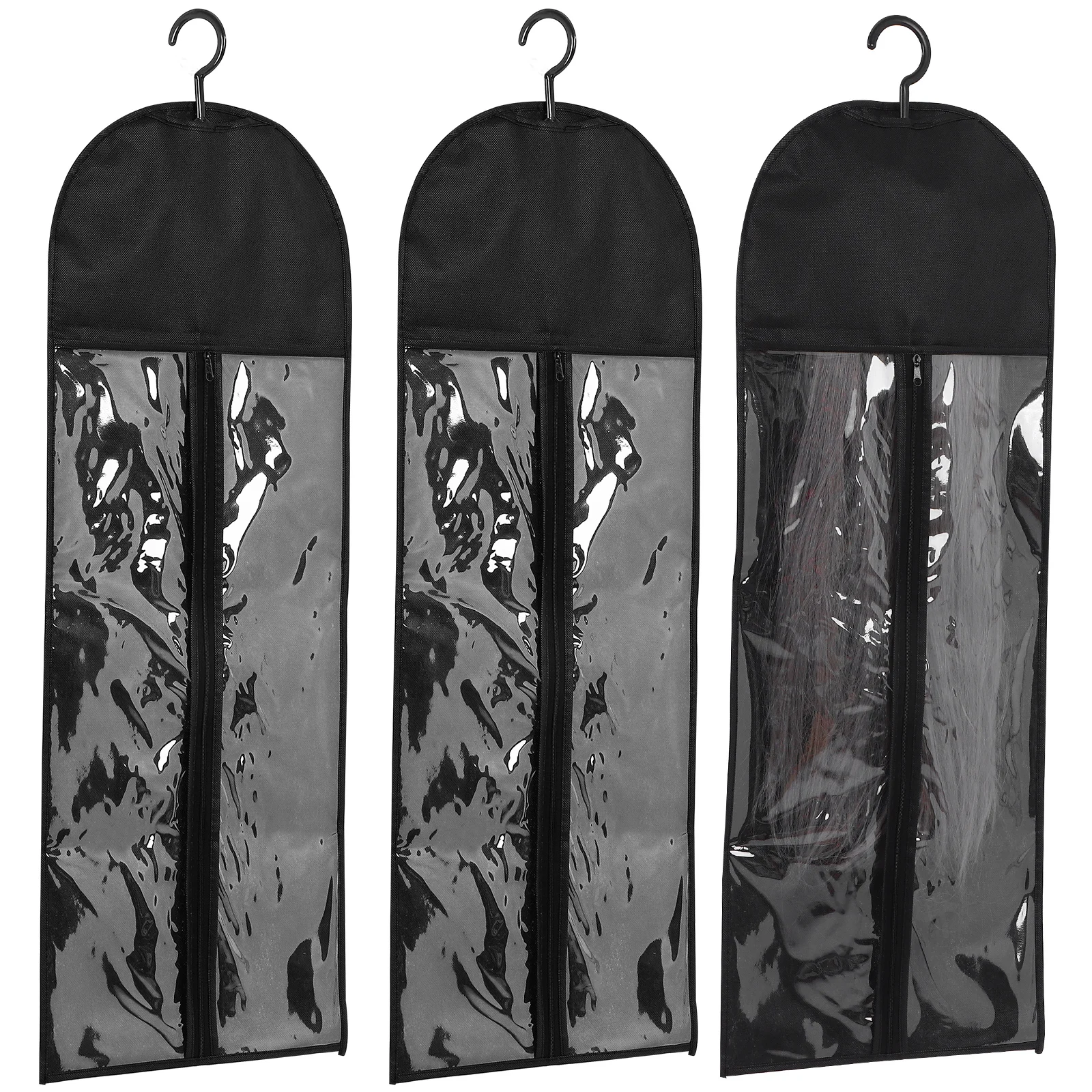 

3 set Wigs Storage Bag Travel Organizer Hair Extension Holder Hanger Clear Front Zipper Foldable Lightweight Non-Woven Fabric