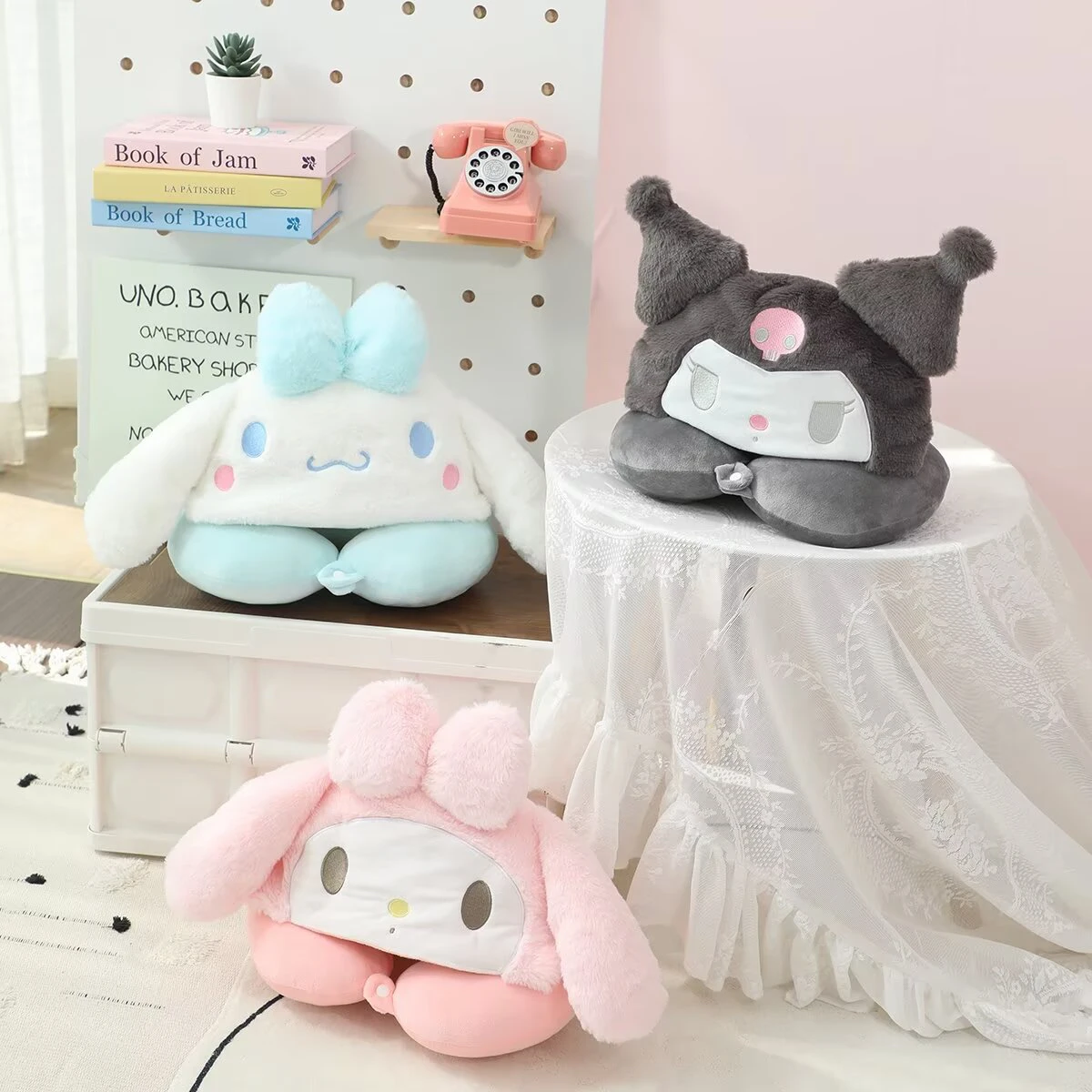 New Style Bow Kuromi And My Melody Hooded U-shaped Neck Pillow Cinnamoroll Napping Pillow Travel Airplane Car Hooded U-Pillow