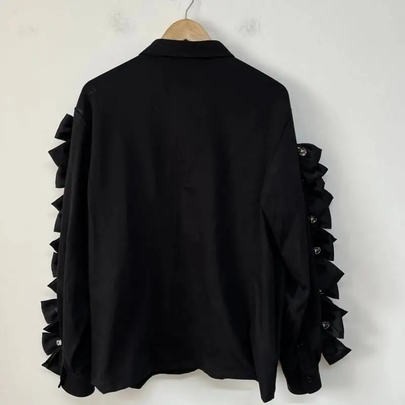 Bowknot Decoration Trendy Men's Shirt Dark Style Niche Design Loose Personality Versatile Lapel Male Shirts VFGR54