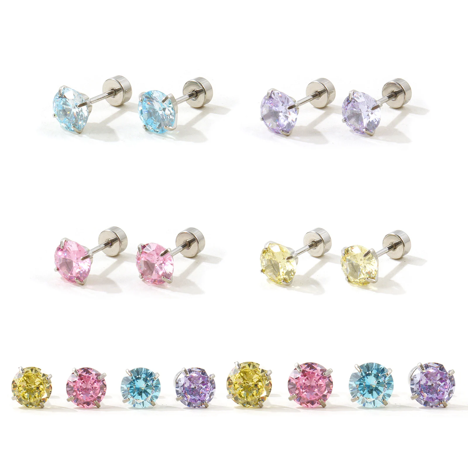 1Pair Exquisite Screw Back Stud Earrings Round Multicolour Cubic Zirconia Silver Color Stainless Steel Earrings Women Jewelry