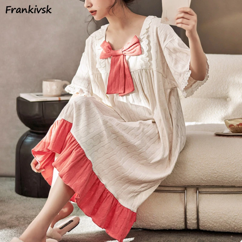 Bow Nightgowns Women Square Collar Panelled Spliced Japanese Kawaii Sweet Ruffles Summer Comfortable Daily Home Schoolgirls Chic