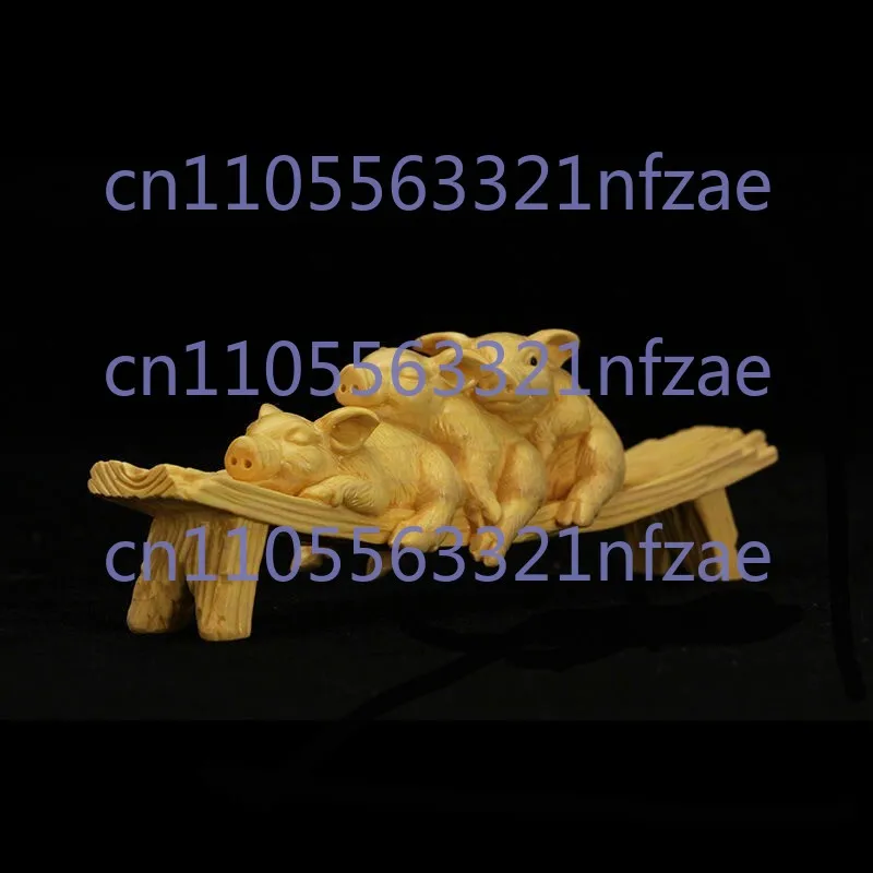 

Chinese Boxwood Hand Carved 3 Lovely Little Pigs Cat Bench Statue Netsuke Decor