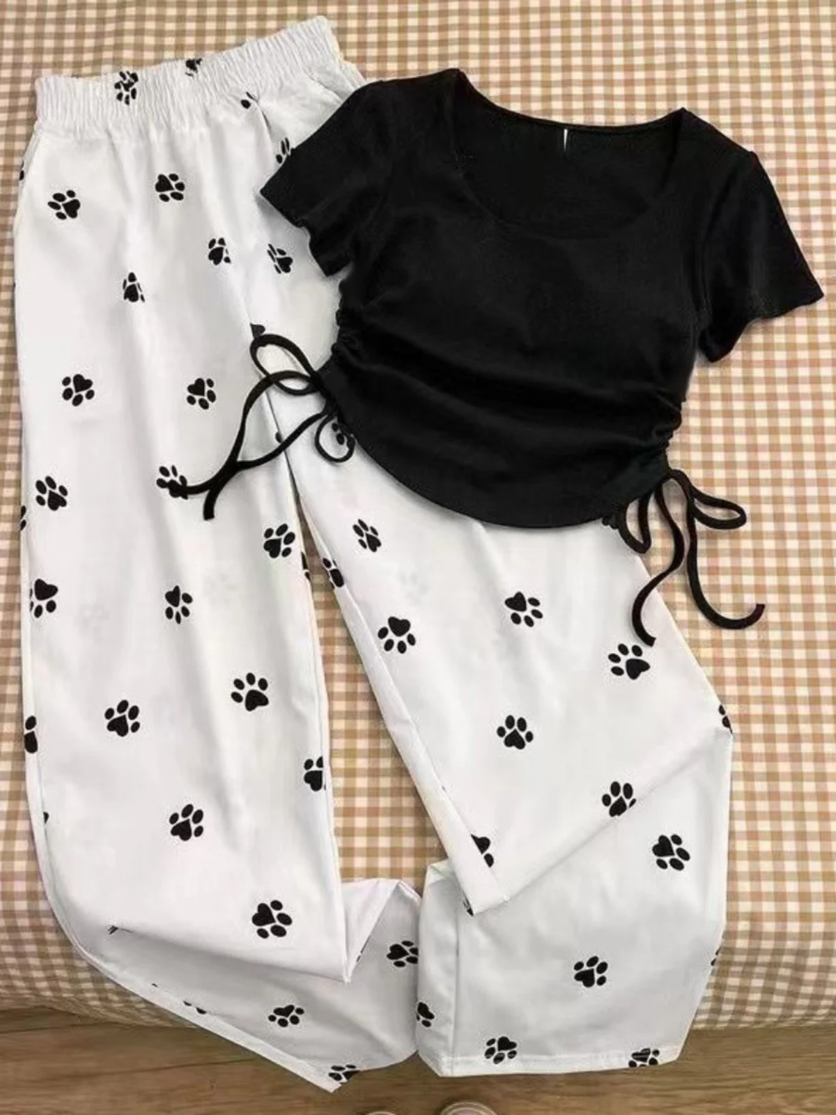 Korean Style Lazy Sweet And Spicy Short Shoulder Dog Footprint Casual Pants Two-Piece Set High Waist Straight Leg Commute Wind