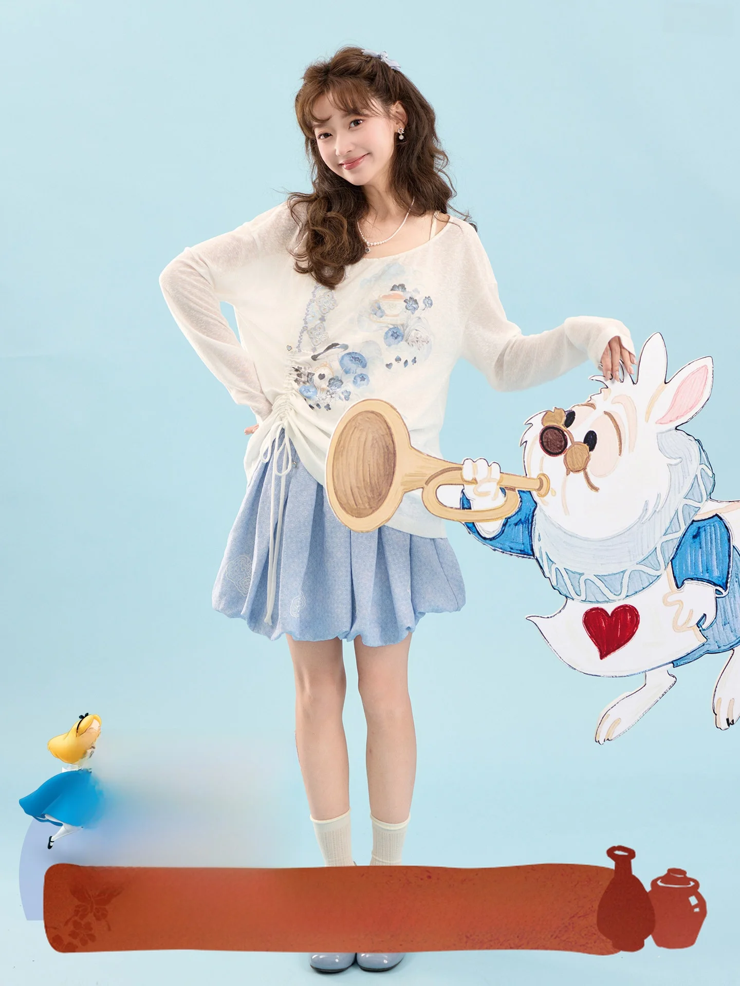 

Alice in Wonderland ternoon Tea Floral Print T-irt And ort Skirt Set Women's Traditional Chinese Sle Hanfu Outfit