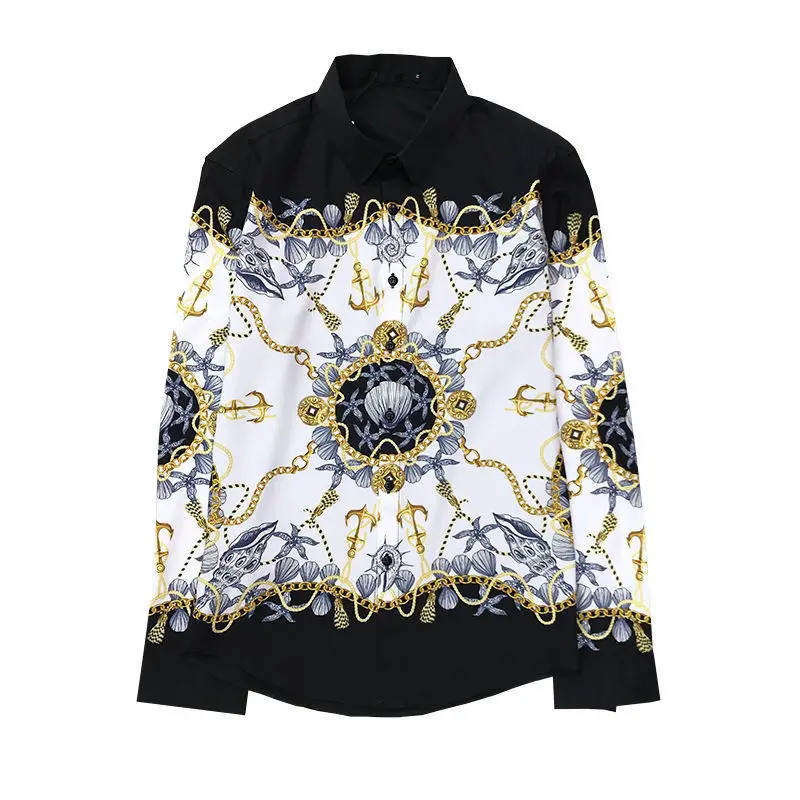 Spring Autumn Turn-down Collar Fashion Long Sleeve Shirt Man England Office Blouse High Street Casual Printing Button Cardigan