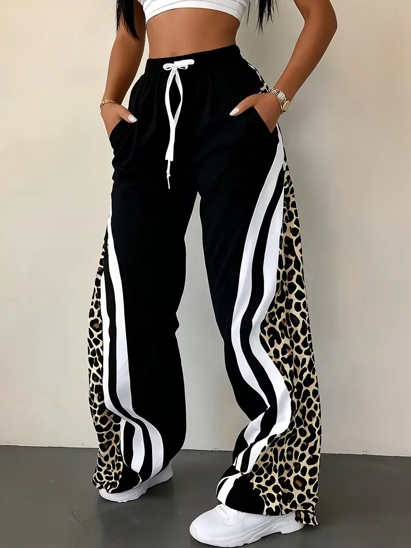 2026 Unisex Sommer Schnelltrocknende Weite Hose mit Leopardenmuster, Weißem Seitenstreifen und Elastischem Bund, Hip-Hop-Sport-Streetwear – Detail 7